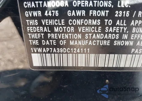 2013 Volkswagen Passat 2.5L S z USA, uszkodzony, nr VIN 1VWAP7A39DC124111